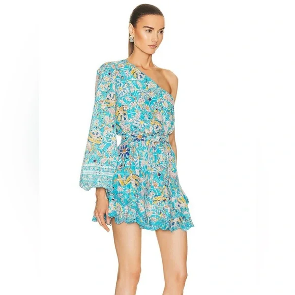 NWT Hemant & Nandita Lyna One Shoulder Cotton Eyelet Floral Ruffle Mini Dress S - Picture 3 of 13